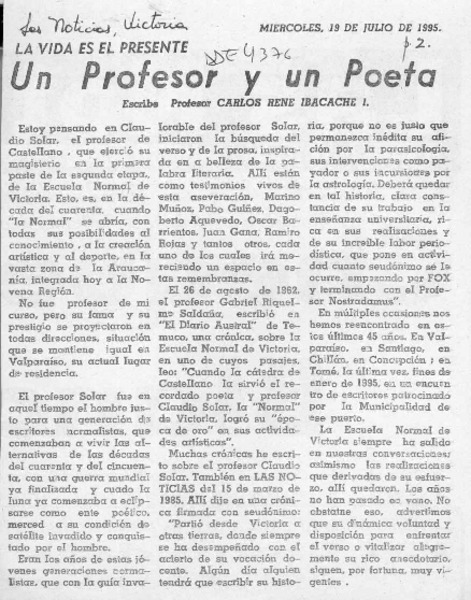 Un profesor y un poeta  [artículo] Carlos René Ibacache.