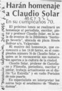 Harán homenaje a Claudio Solar  [artículo].