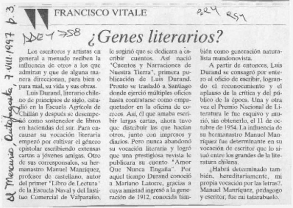 Genes literarios?  [artículo] Francisco Vitale.
