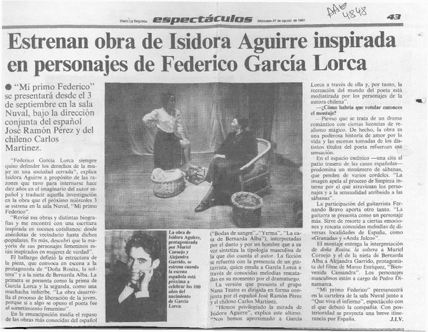 Estrnan obra de Isidora Aguirre inspirada en personajes de Federico García Lorca  [artículo] J. I. V.