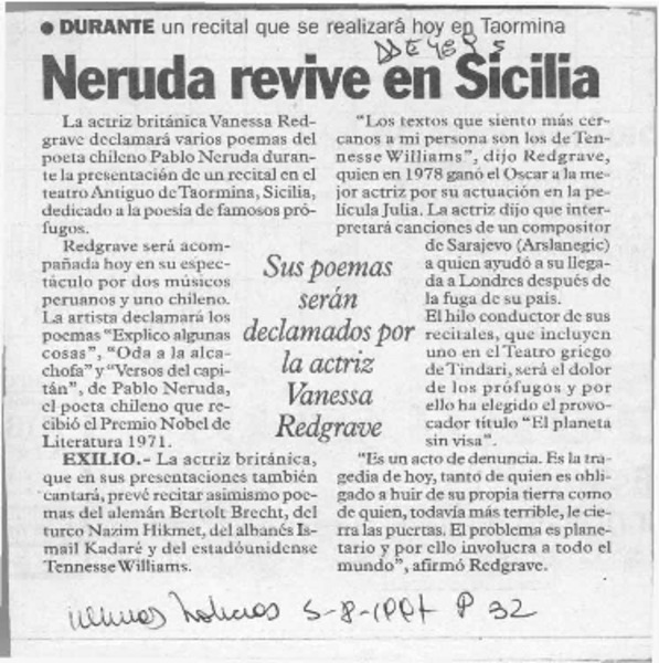 Neruda revive en Sicilia  [artículo].