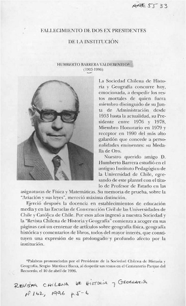 Fallecimiento de dos ex presidentes de la institución  [artículo] Sergio Martínez Baeza.