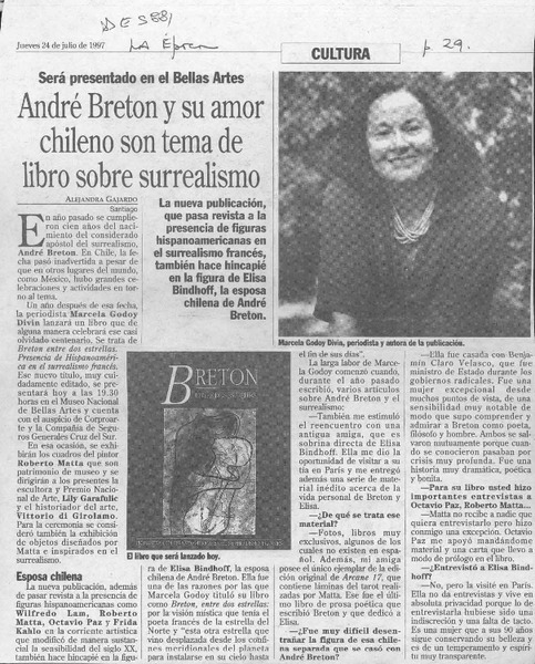 André Breton y su amor chileno son tema de libro sobre surrealismo  [artículo] Alejandra Gajardo.