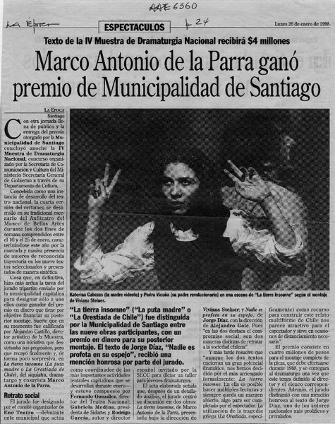 Marco Antonio de la Parra ganó premio de Municipalidad de Santiago  [artículo].