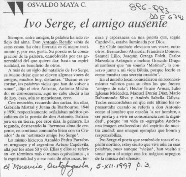 Ivo Serge, el amigo ausente  [artículo] Osvaldo Maya C.