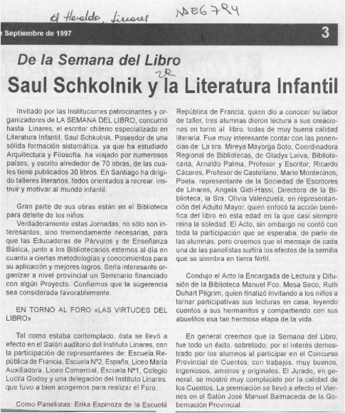 Saúl Schkolnik y la literatura infantil  [artículo].