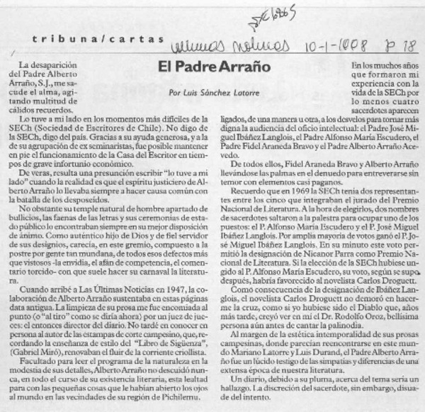 El Padre Arraño  [artículo] Luis Sánchez Latorre.