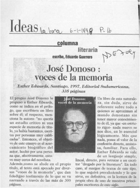 José Donoso, voces de la memoria  [artículo] Eduardo Guerrero.