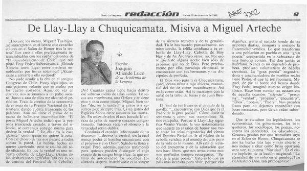 De Llay-Llay a Chuquicamata, misiva a Miguel Arteche  [artículo] Joaquín Alliende Luco.