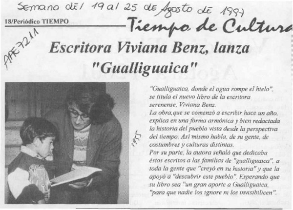 Escritora Viviana Benz, lanza "Gualliguaica"  [artículo].