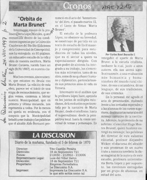 "Orbita de Marta Brunet"  [artículo] Carlos René Ibacache I.
