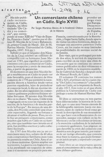 Un comerciante chileno en Cádiz, siglo XVIII  [artículo] Sergio Martínez Baeza.