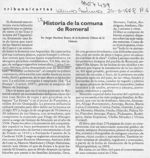 Historia de la comuna de Romeral  [artículo] Sergio Martínez Baeza.