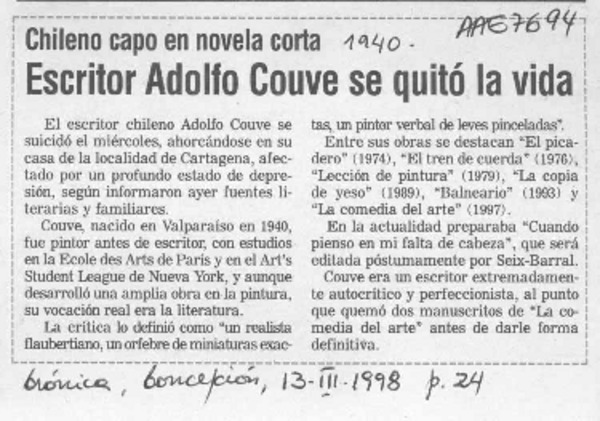 Escritor Adolfo Couve se quitó la vida  [artículo].