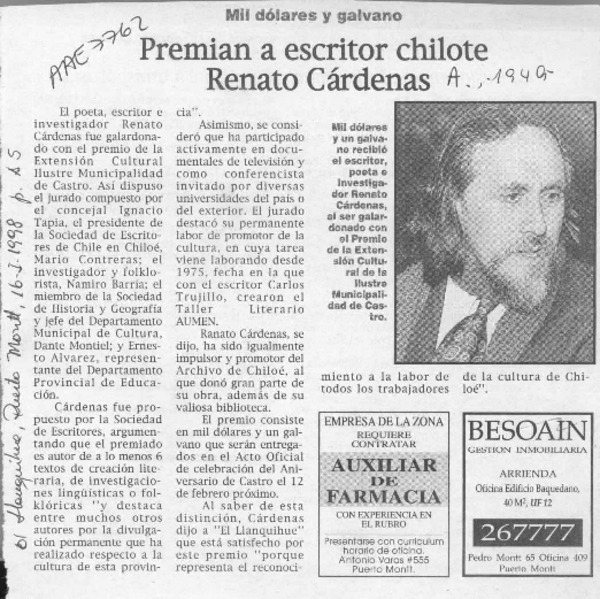 Premian a escritor chilote Renato Cárdenas  [artículo].