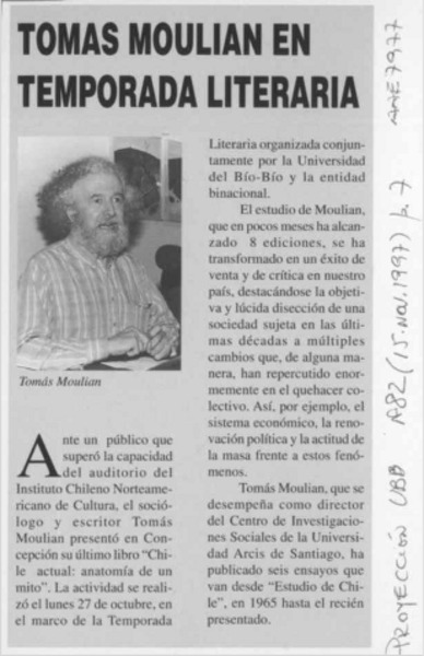 Tomás Moulian en temporada literaria  [artículo].