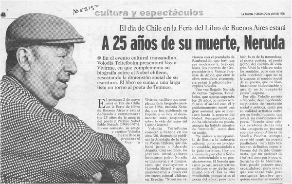 A 25 años de su muerte, Neruda vive en su poesía  [artículo] Andrés Gómez B.