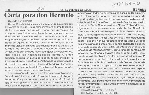 Carta para don Hermelo  [artículo] Carlos Ruiz Zaldívar.
