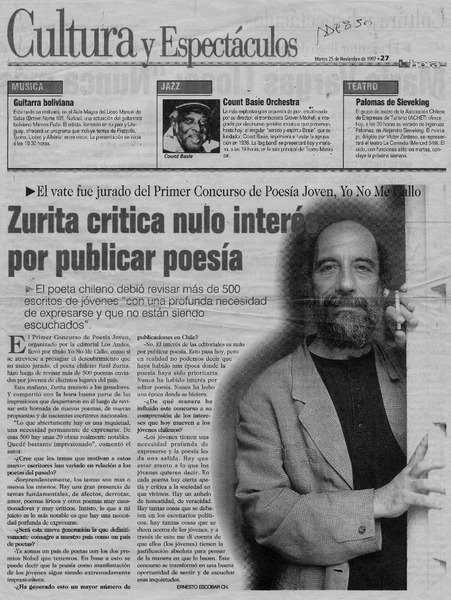 Zurita critica nulo interés por publicar poesía  [artículo] Ernesto Escobar Ch.