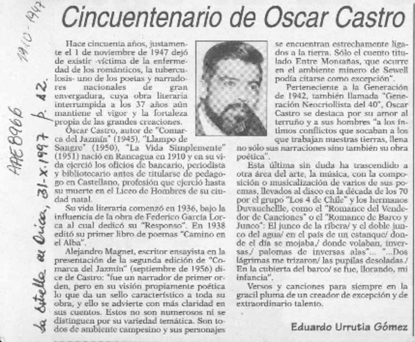 Cincuentenario de Oscar Castro  [artículo] Eduardo Urrutia Gómez.