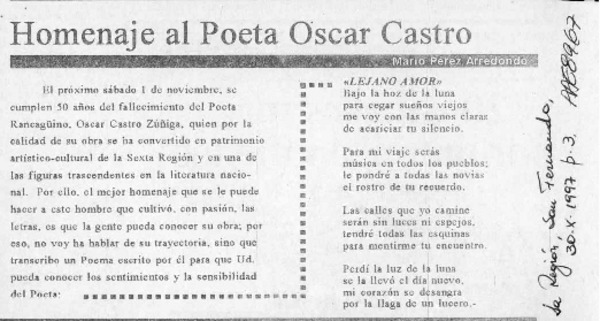 Homenaje al poeta Oscar Castro  [artículo] Mario Pérez Arredondo.