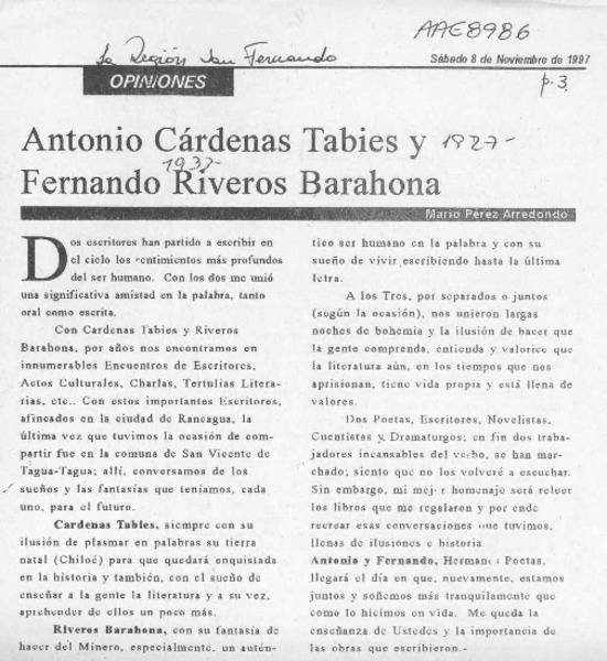Antonio Cárdenas Tabies y Fernando Riveros Barahona  [artículo] Mario Pérez Arredondo.