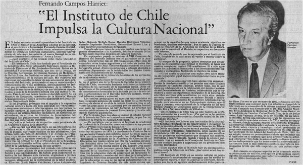 Fernando Campos Harriet, "El Instituto de Chile impulsa la cultura nacional"