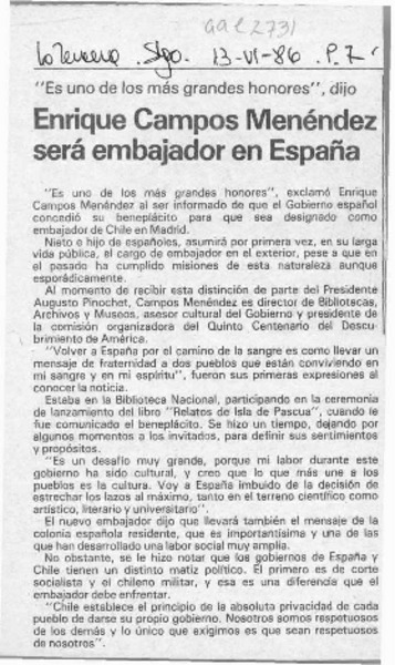 Enrique Campos Menéndez será embajador en España  [artículo].