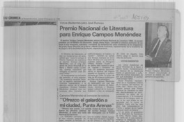 Premio Nacional de Literatura para Enrique Campos Menéndez