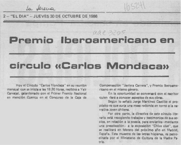 Premio Iberoamericano en círculo "Carlos Mondaca"
