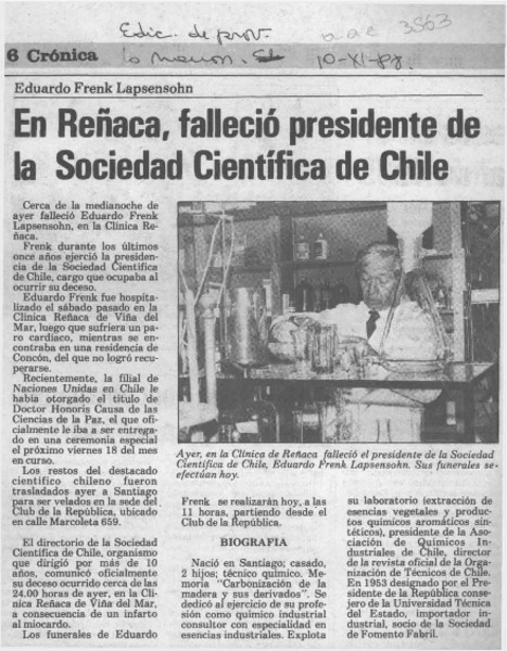 En Reñaca, falleció presidente de la Sociedad Científica de Chile  [artículo].