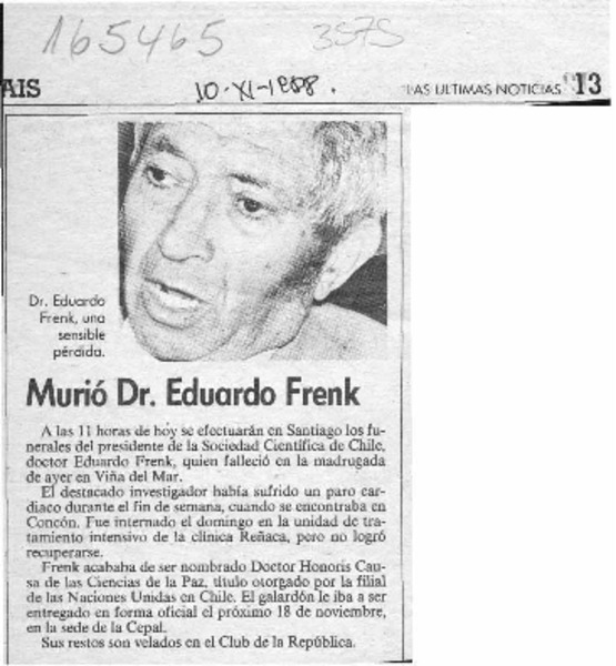 Murió Dr. Eduardo Frenk  [artículo].