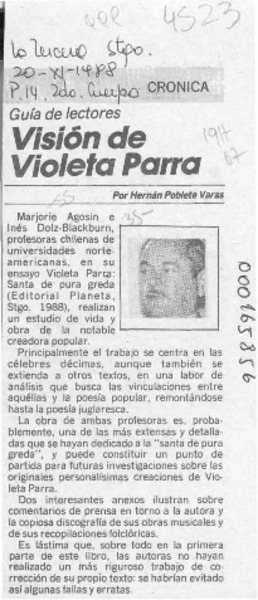 Visión de Violeta Parra  [artículo] Hernán Poblete Varas.