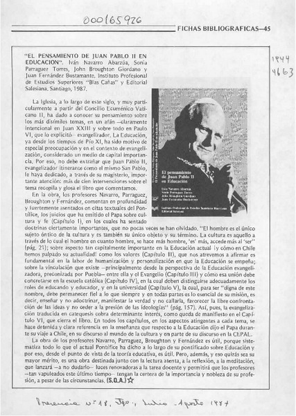 "El pensamiento de Juan Pablo II en educación"  [artículo] S. Q. A.