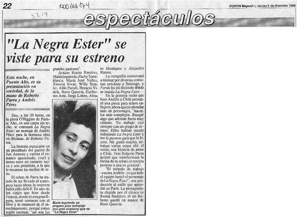 "La Negra Ester" se viste para su estreno  [artículo].