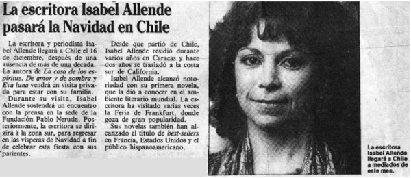 La Escritora Isabel Allende pasará la Navidad en Chile