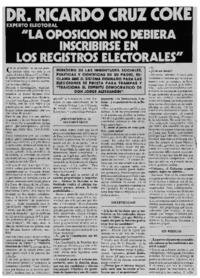 Dr. Ricardo Cruz-Coke "La oposición no debiera inscribirse en los registros electorales"
