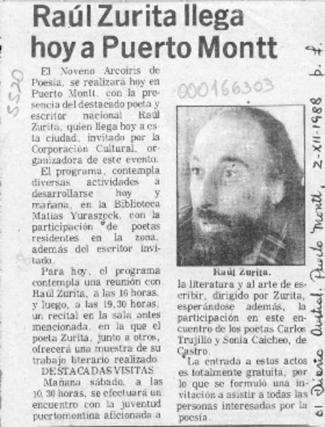 Raúl Zurita llega hoy a Puerto Montt  [artículo].