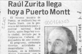 Raúl Zurita llega hoy a Puerto Montt  [artículo].