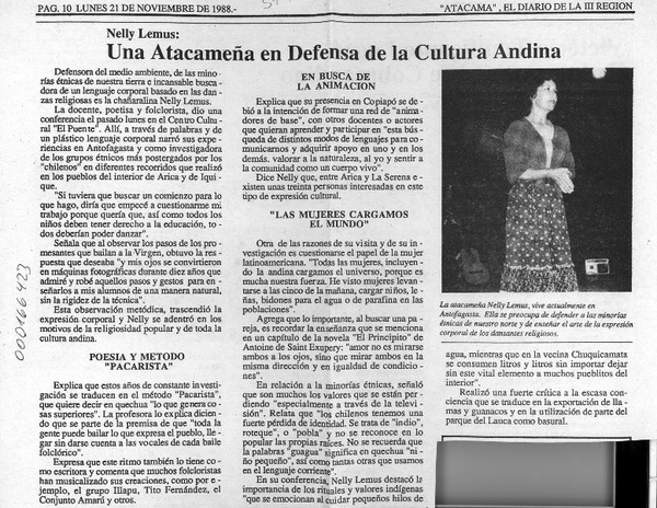 Una Atacameña en defensa de la cultura andina  [artículo].