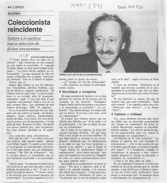 Coleccionista reincidente  [artículo] Guillermo Blanco.