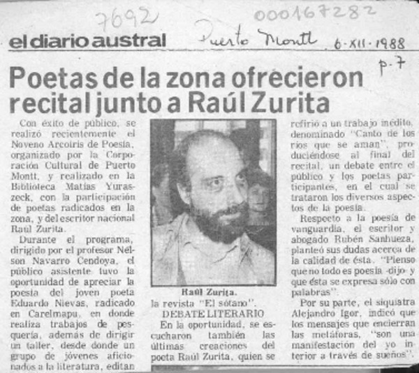 Poetas de la zona ofrecieron recital junto a Raúl Zurita  [artículo].