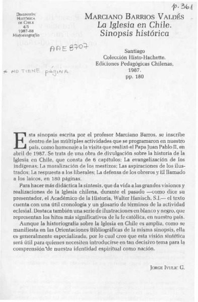 Marciano Barrios Valdes, "La iglesia en Chile, sinopsis histórica"