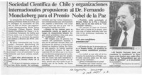 Sociedad Científica de Chile y organizaciones internacionales propusieron al Dr. Fernando Monckeberg para el Premio Nobel de la Paz  [artículo].
