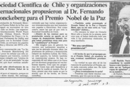 Sociedad Científica de Chile y organizaciones internacionales propusieron al Dr. Fernando Monckeberg para el Premio Nobel de la Paz  [artículo].