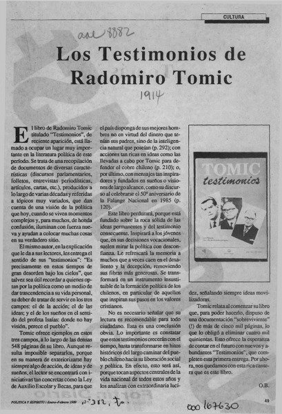 Los Testimonios de Radomiro Tomic  [artículo] O. B.