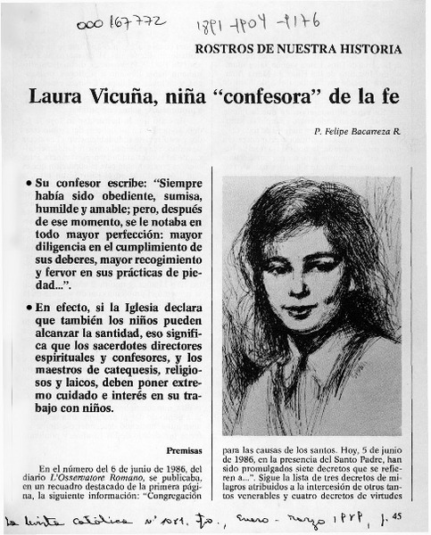 Laura Vicuña, niña "confesora" de la fe  [artículo] Felipe Bacarreza R.