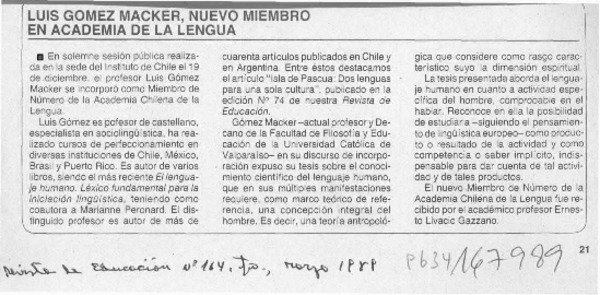 Luis Gómez Macker, nuevo miembro en Academia de la Lengua  [artículo].