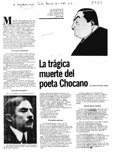 La trágica muerte del poeta Chocano  [artículo] Marino Muñoz Lagos.