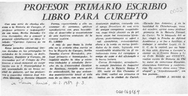 Profesor primario escribió libro para Curepto  [artículo] Pedro J. Núñez Q.